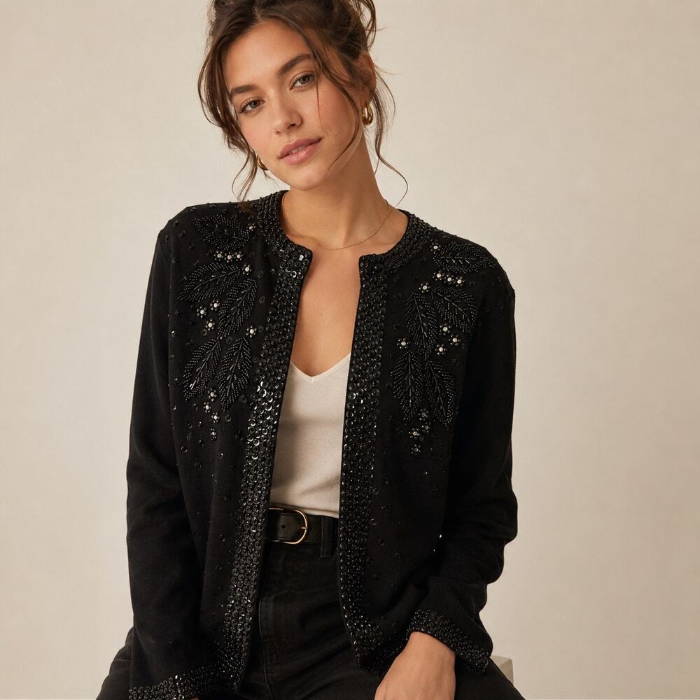 Vintage Black Beaded Wool Cardigan Sequin Evening Sweater Jacket M
